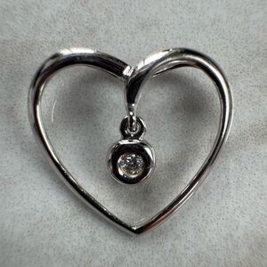 10K Solid White Gold Heart Pendant with Floating Diamond